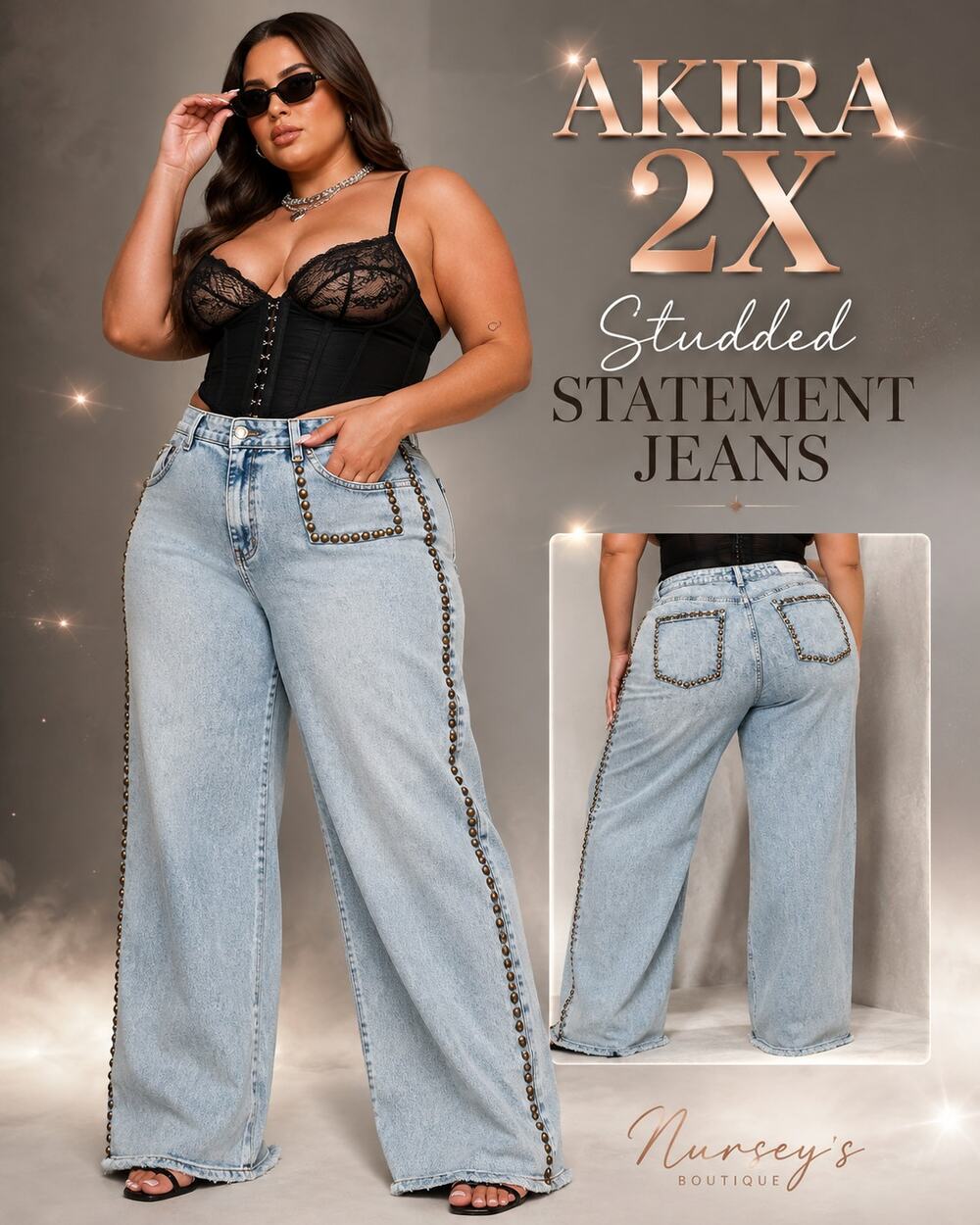 AKIRA 2X Studded Wide Leg Jeans Light Wash Plus Size Statement Denim